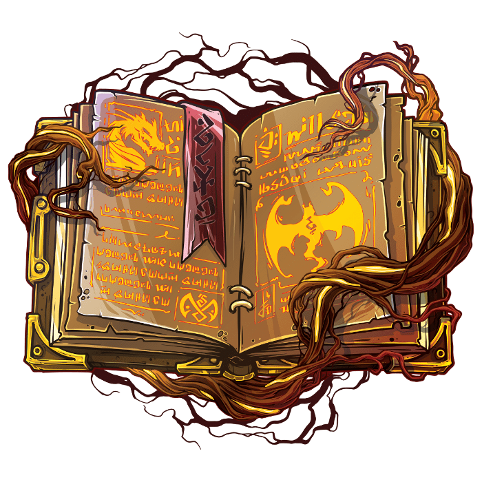 Buch mit magischer Schrift und Drachenabbildungen