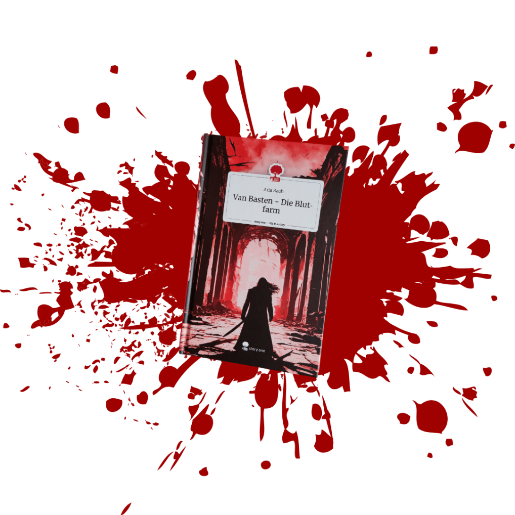 Buch mit einem Mann mit einem Schwert in der Hand darauf. Im Hintergrund ein großer Blutfleck.