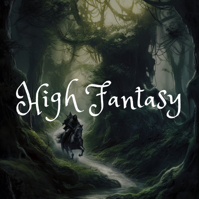 Mystischer Wald mit einem Reiter auf einem Pferd.