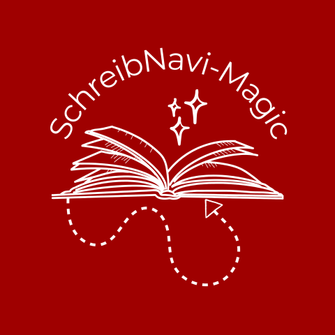 Logo mit einem offenen Buch und einer gestrichelten Linie rund um das Buch mit dem Titel "SchreibNavi-Magic"