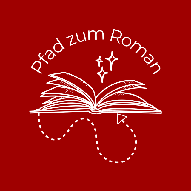 augeschlagenes Buh mit Sternen und einem Pfad "Pfad zum Roman"